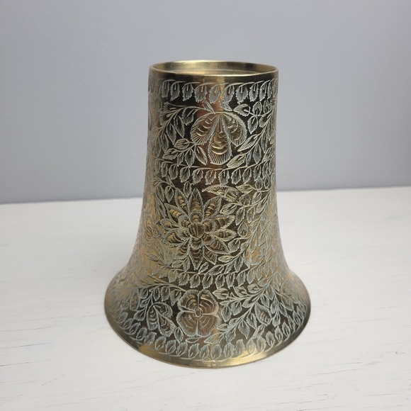 Etched Solid Brass Vintage Vase with Engraved Floral Designs 5.25" - Picture 11 of 15